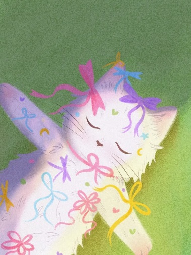 whimsical illustrated cat covered in colourful bows